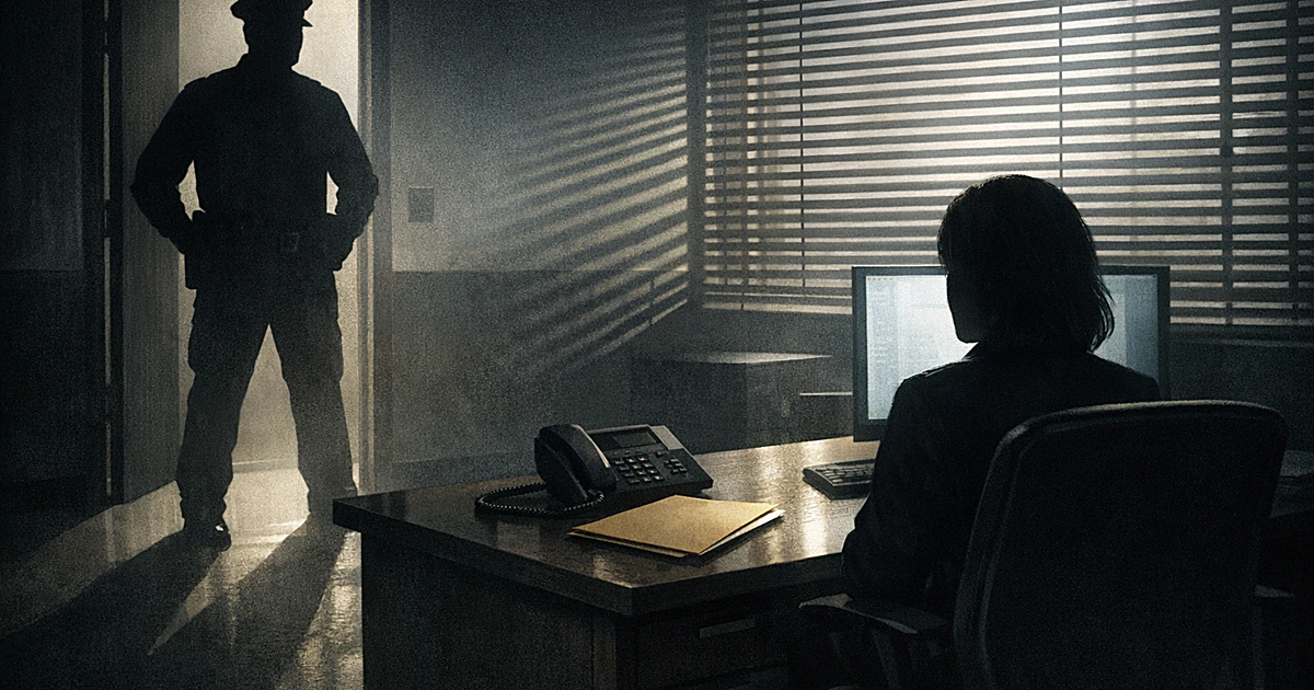 Silhouetted sheriff figure stands in doorway casting shadow toward seated office worker at desk with computer
