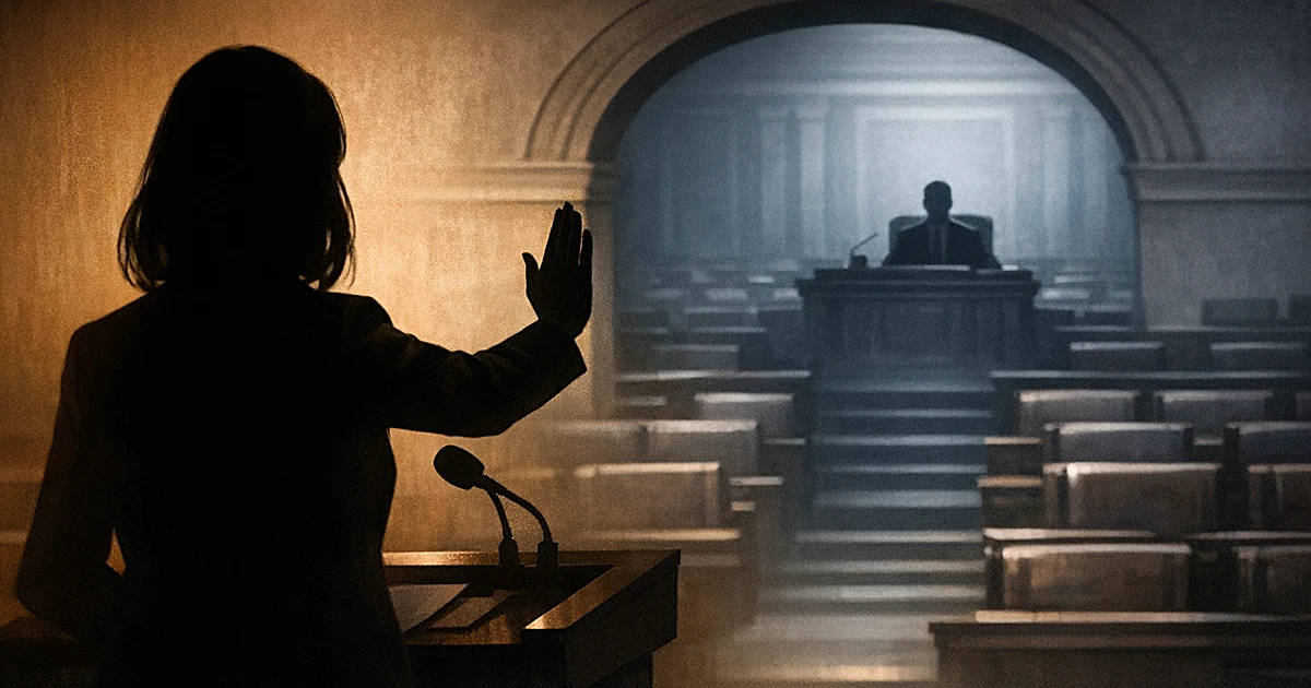 Silhouetted figure blocking path to distant legislative chamber where another figure sits at elevated desk