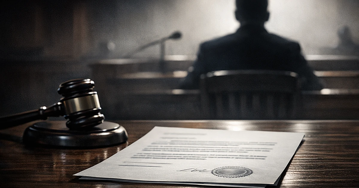 Blurred legal document with gavel on courtroom table, silhouetted figure at witness stand in dramatic lighting