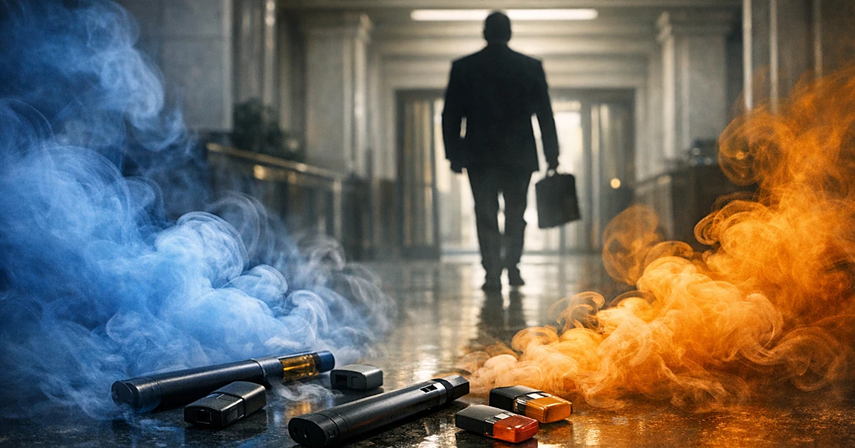 Silhouetted person leaving building with colorful vapor clouds and vaping devices in foreground