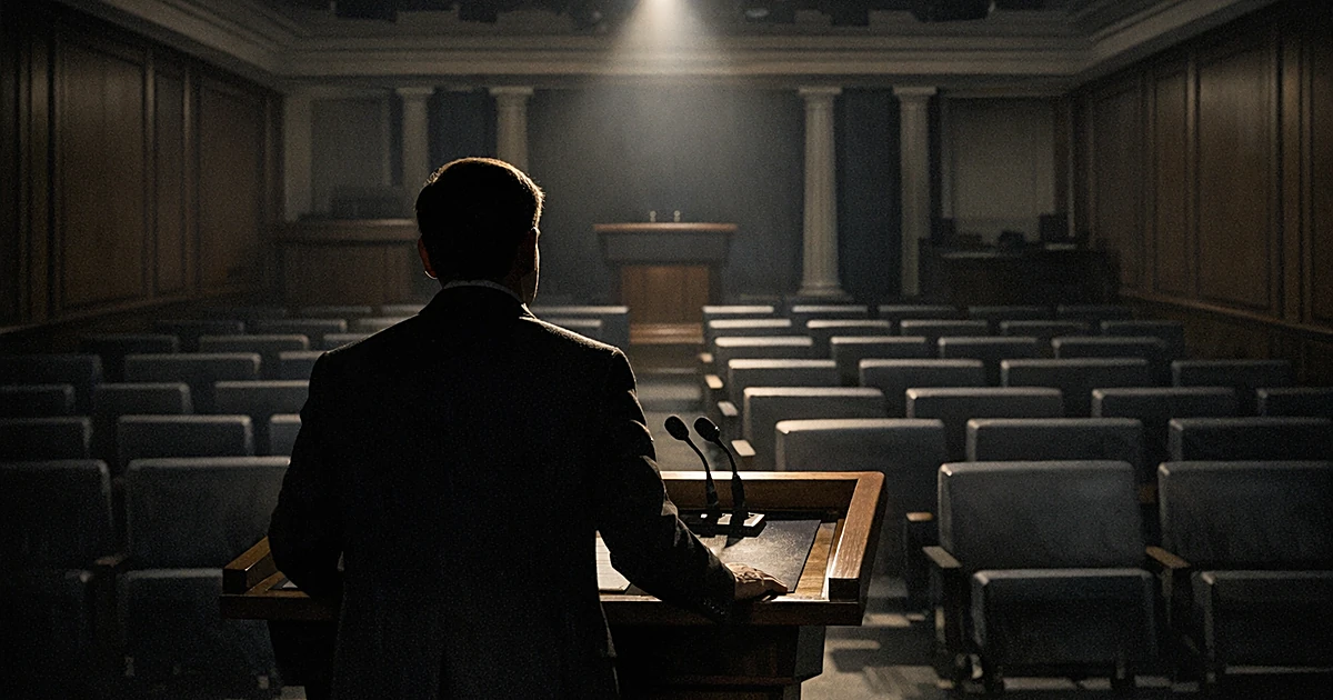 Silhouette of person at lectern facing empty chairs in formal briefing room with dramatic lighting