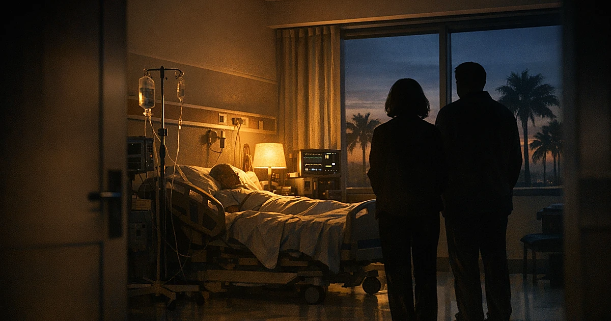 Hospital room with two silhouetted visitors standing beside a bed with medical equipment, palm trees visible through window