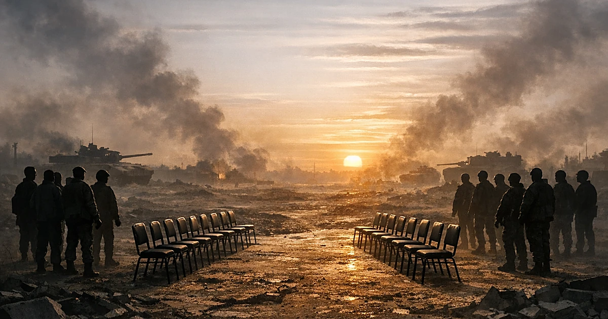 Silhouetted groups face each other across barren landscape with empty chairs symbolizing prisoner exchange