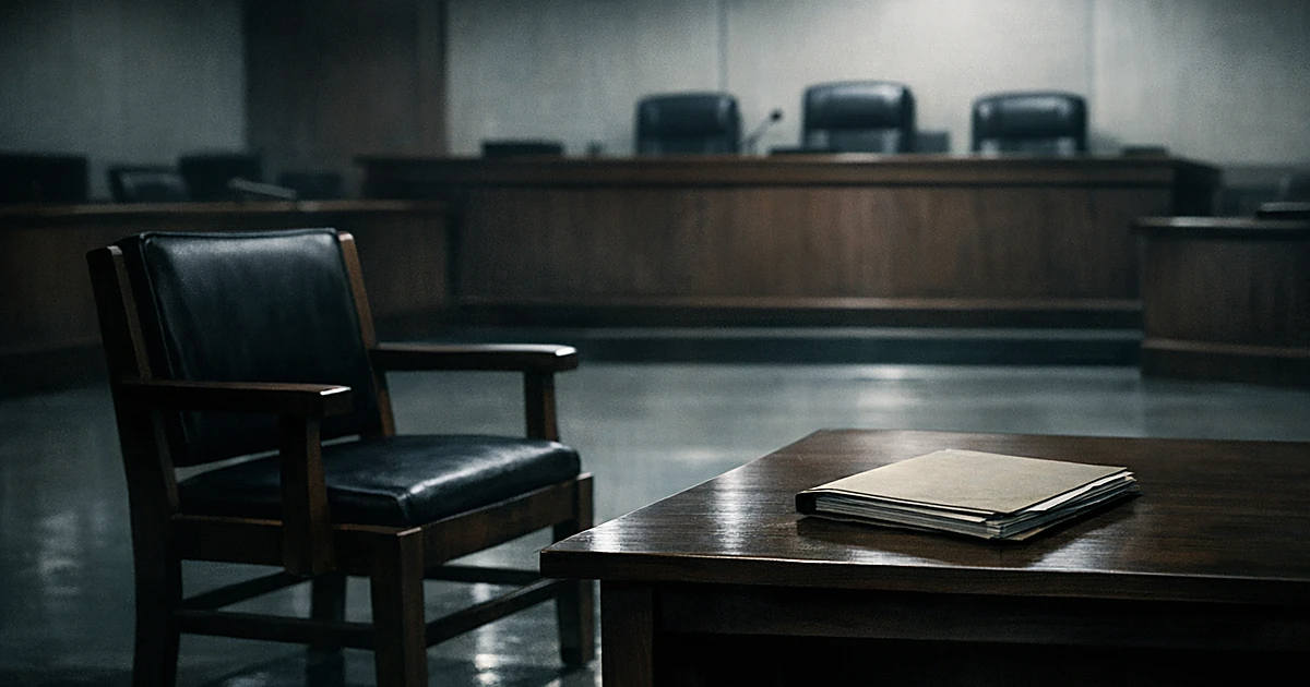Empty defendant's chair and vacant judge's bench in an abandoned courtroom with closed case files on the table