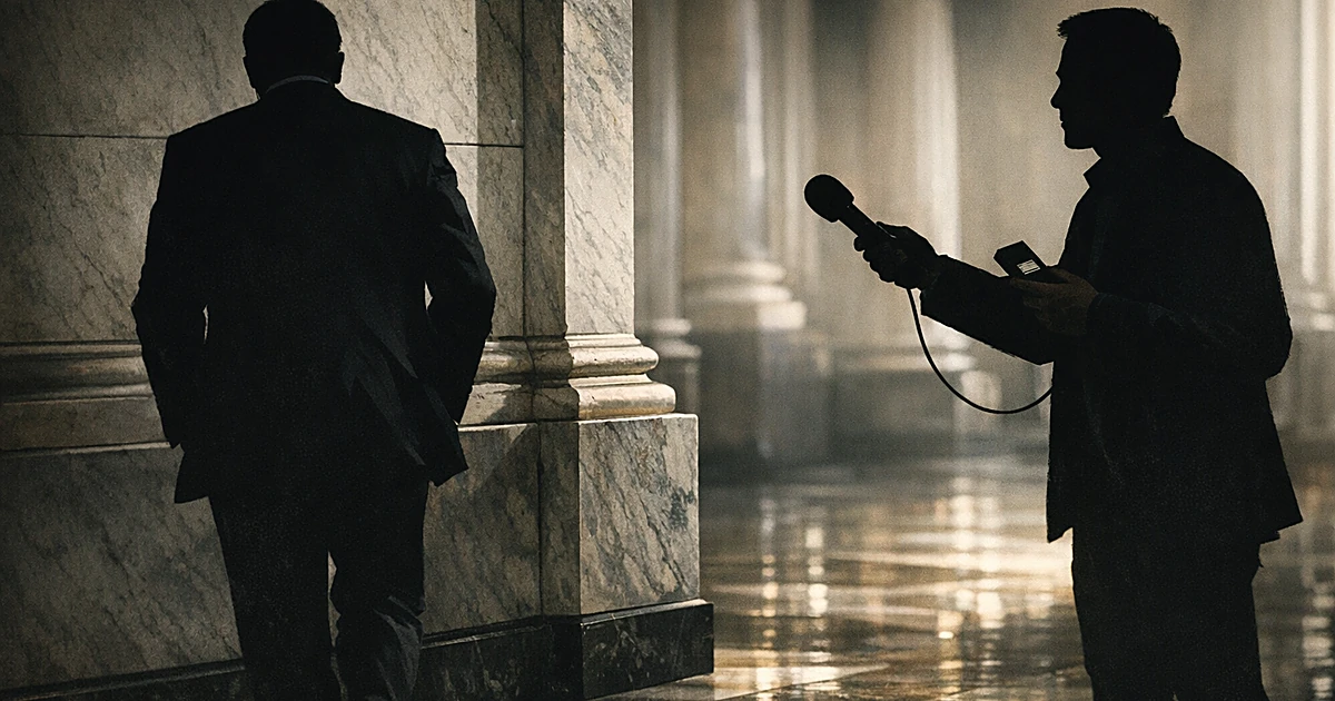 Silhouetted politician turning away from journalist with microphone in marble government building hallway