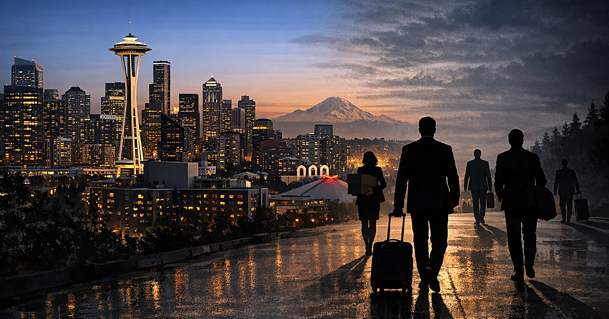 Silhouettes of business people with luggage walking away from Seattle's downtown skyline at dusk