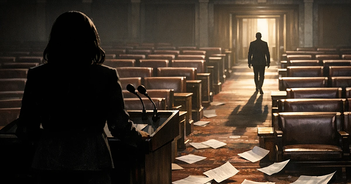 Silhouette at podium facing empty congressional seats with another figure walking away down the aisle