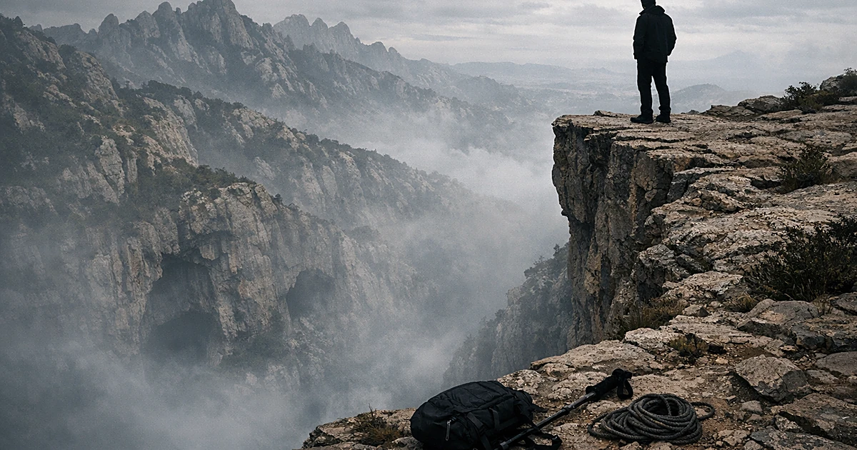 Silhouette standing at edge of steep cliff overlooking Montserrat mountains with hiking gear on rocky ground