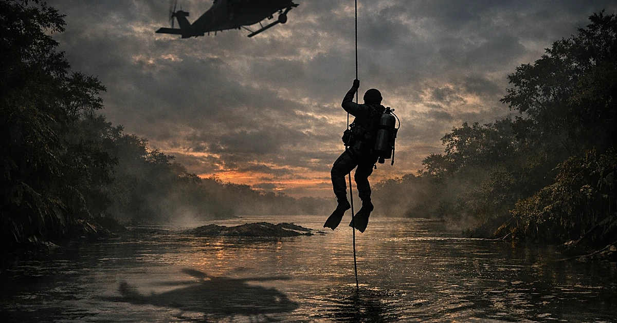 Silhouetted police diver lowered by helicopter rope toward dark river waters during recovery operation