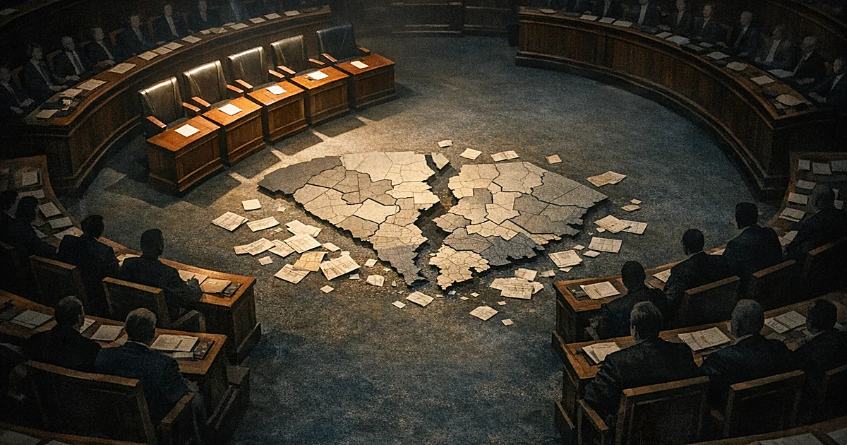Legislative chamber with five illuminated empty seats and a torn district map on the floor surrounded by ballots