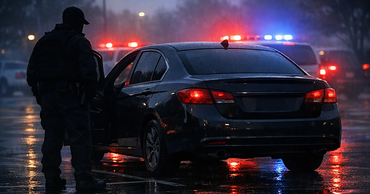 Law enforcement officer silhouette standing beside a parked sedan with emergency lights reflecting on wet pavement