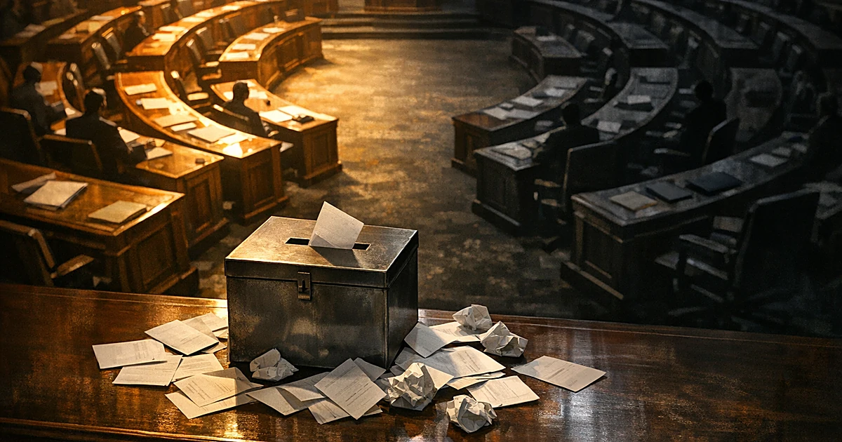 Overhead view of divided legislative chamber with ballot box and scattered votes in foreground