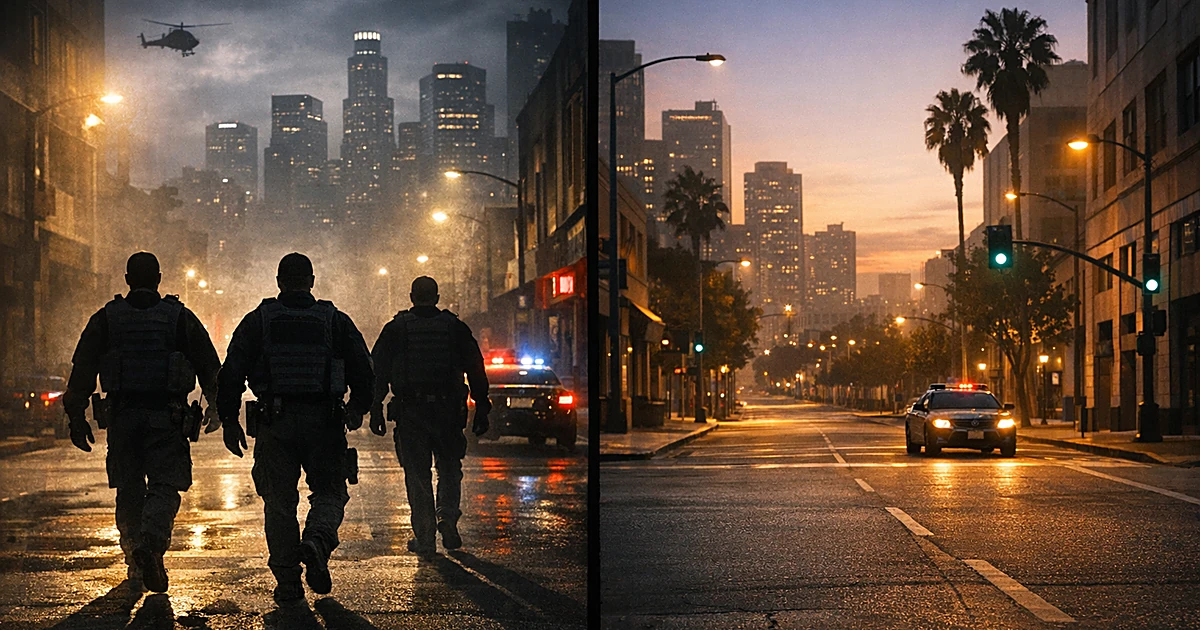 Split scene showing federal agents as silhouettes on left, empty peaceful street with distant patrol lights on right