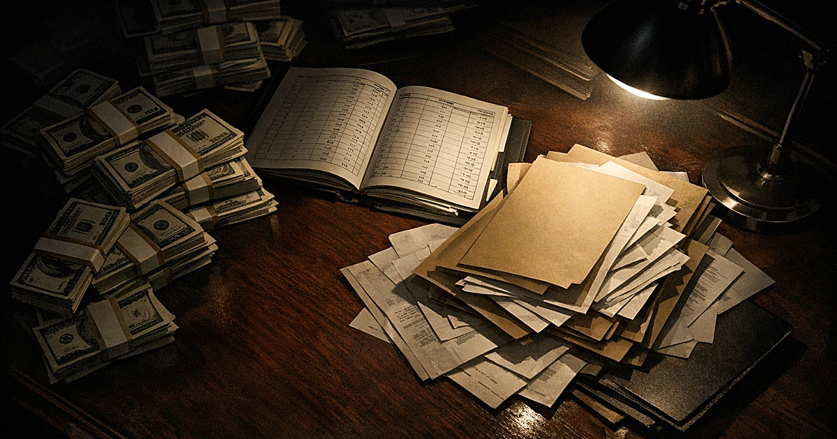 Overhead view of desk with cash stacks, open ledgers, and scattered documents under harsh lamplight
