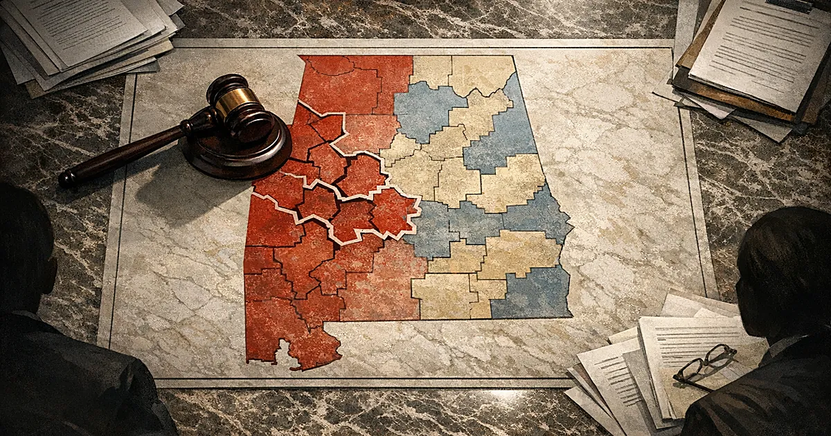 Overhead view of Alabama congressional district map with redrawn boundaries and gavel casting shadow across fragmented areas