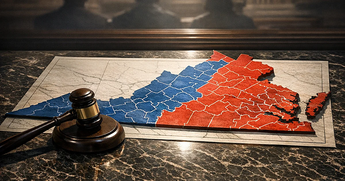 Gavel resting on Virginia congressional district map with red and blue sections on marble surface