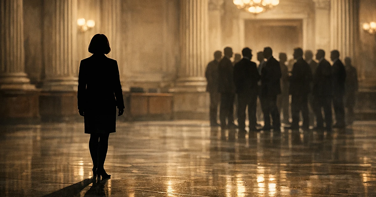 Single silhouetted figure stands apart from group of silhouettes in columned chamber, showing political division