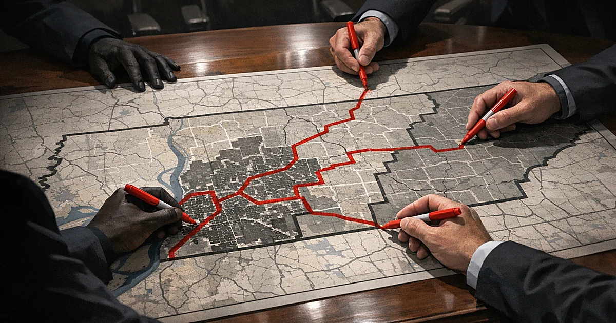 Overhead view of hands drawing new congressional district lines on Tennessee map, dividing southwestern urban area