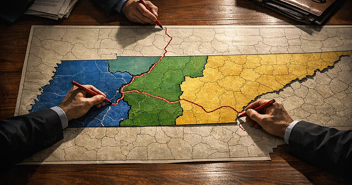Overhead view of Tennessee map being redrawn with red lines dividing Memphis area into three separate sections