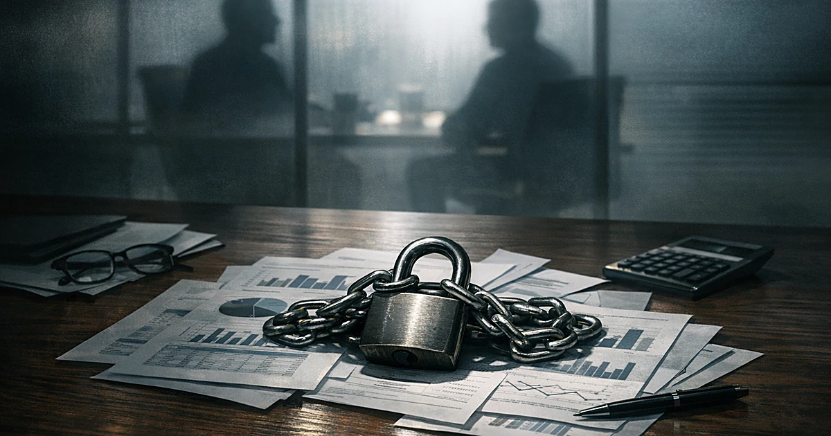 Overhead view of conference table with financial documents, padlock and chain, silhouetted figures in background