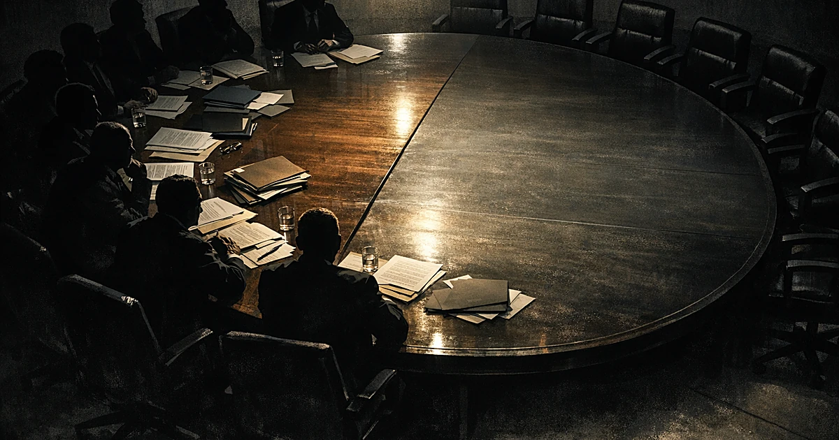 Silhouetted figures around half of circular table with empty seats opposite, documents scattered, overhead lighting