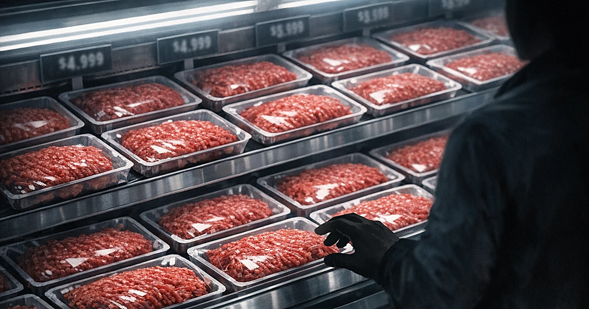 Overhead view of grocery store meat counter with ground beef packages and silhouetted shopper reaching toward products