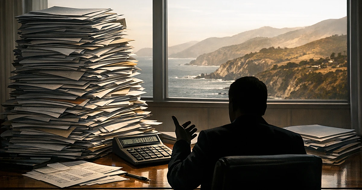 Silhouetted figure at desk with stacks of documents and calculator, California landscape visible through window