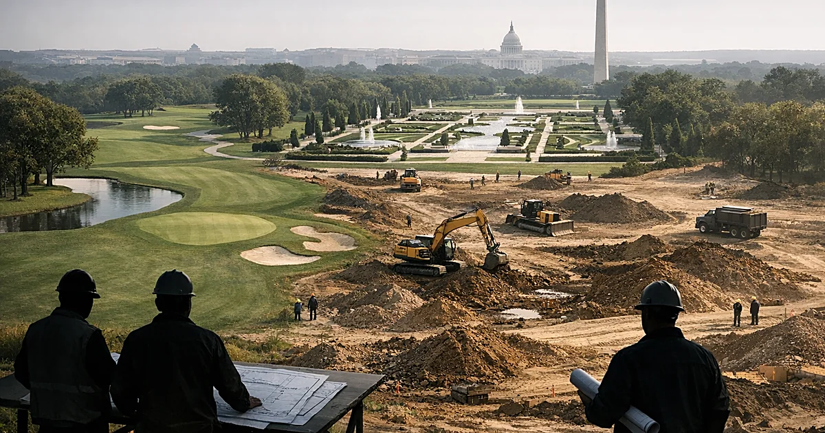 Aerial view of golf course being redesigned with construction equipment and new garden layouts under development