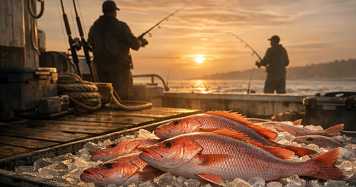 Red snapper fish on ice on fishing boat deck with silhouetted anglers against coastal waters at sunset