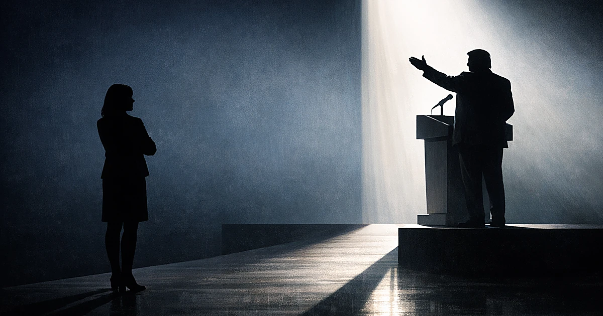 Two silhouetted figures separated by dramatic lighting on a divided stage, one elevated and gesturing