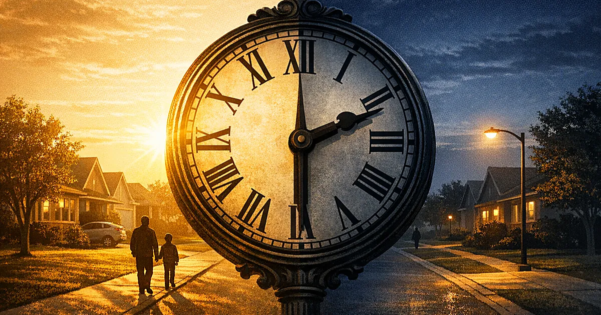 Split scene comparing bright afternoon sunlight versus early darkness with clock in foreground representing daylight saving t