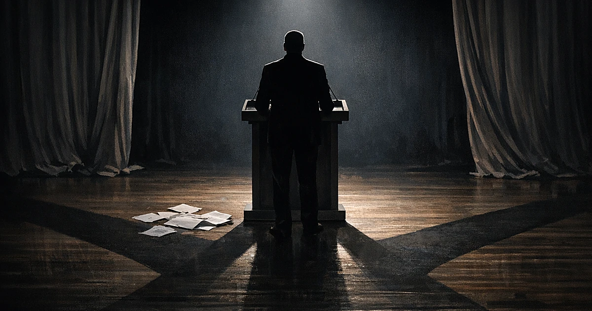 Silhouetted figure at podium with spotlight casting split shadow, papers scattered on stage floor