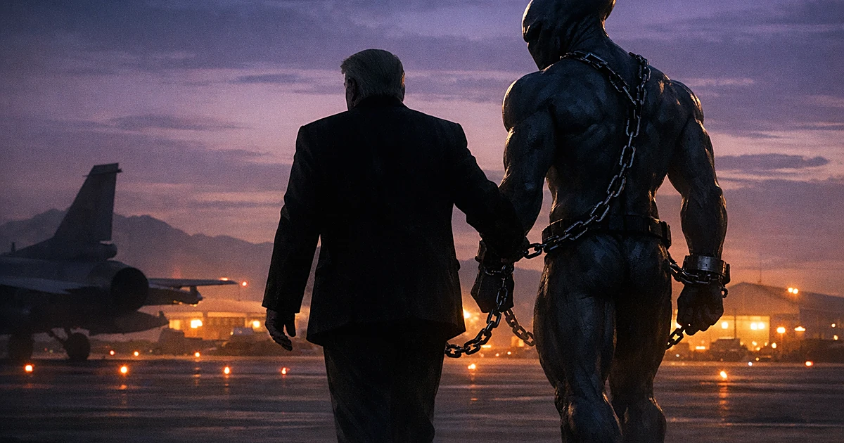 Silhouetted figure escorting chained alien across military airfield at dusk with aircraft in background