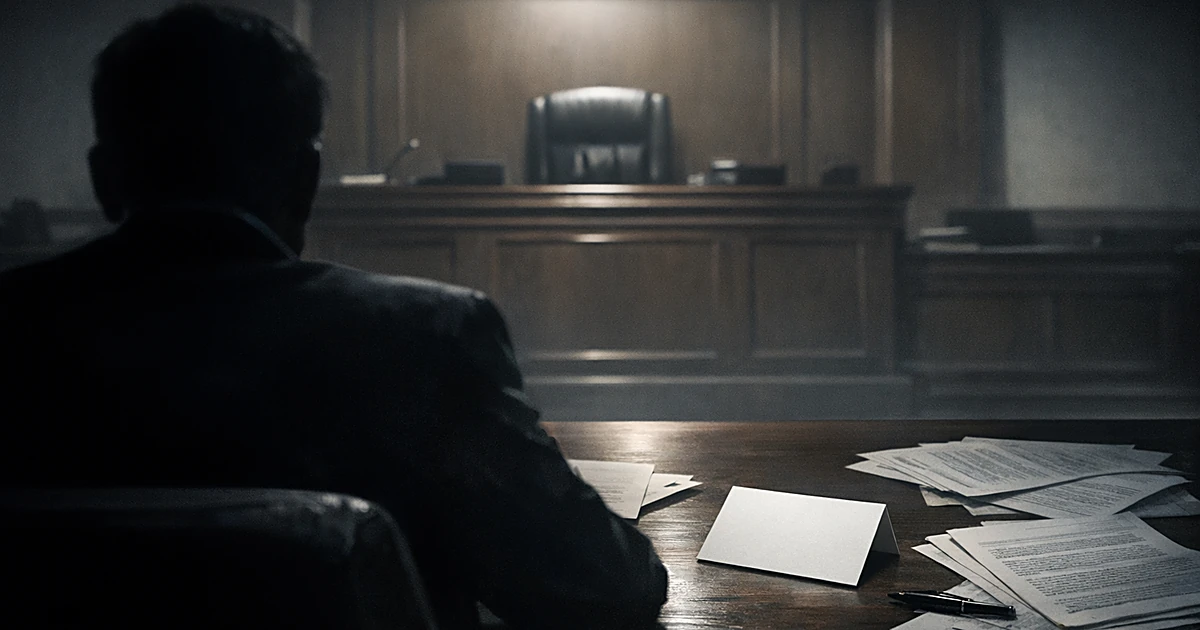 Silhouetted figure at courtroom table with legal documents and a greeting card, facing empty judge's bench