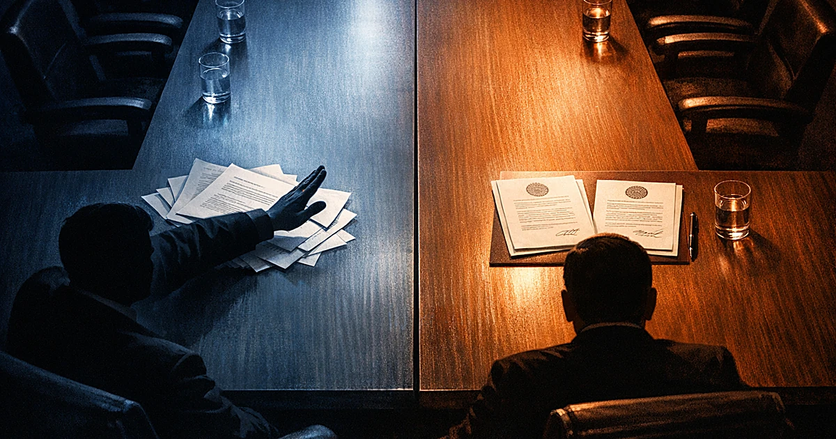 Diplomatic table from above showing documents being rejected on one end, formal papers on the other, with empty space between