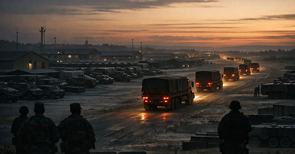 Military convoy departing from a base at dusk, with empty barracks visible in the background