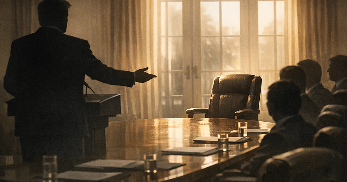 Silhouetted figure at podium gesturing toward empty chair at oval table in formal government office setting