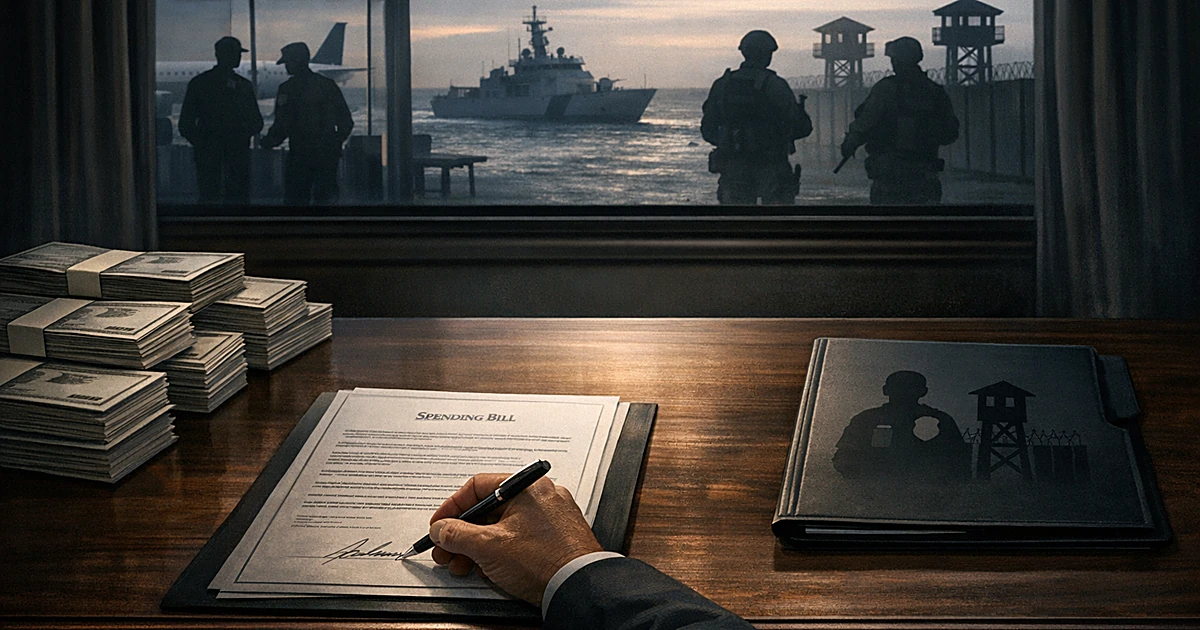 Hand signing document at desk with silhouettes of security workers and vessels visible through window, separate folders nearb