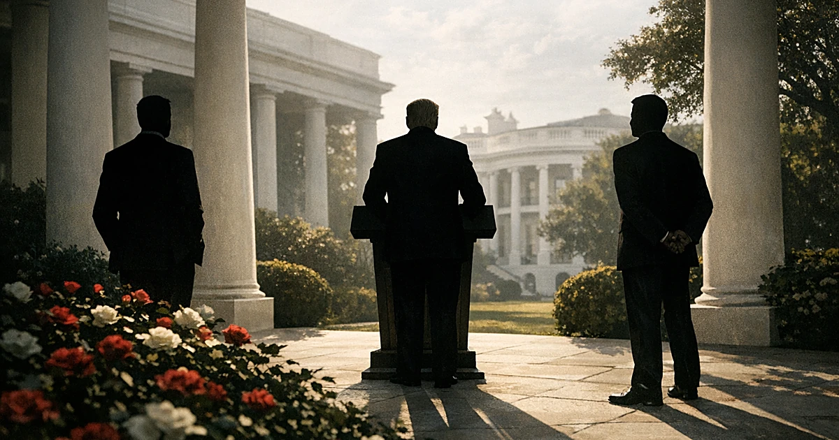 Three silhouetted figures in suits positioned separately in a formal garden colonnade with rose bushes