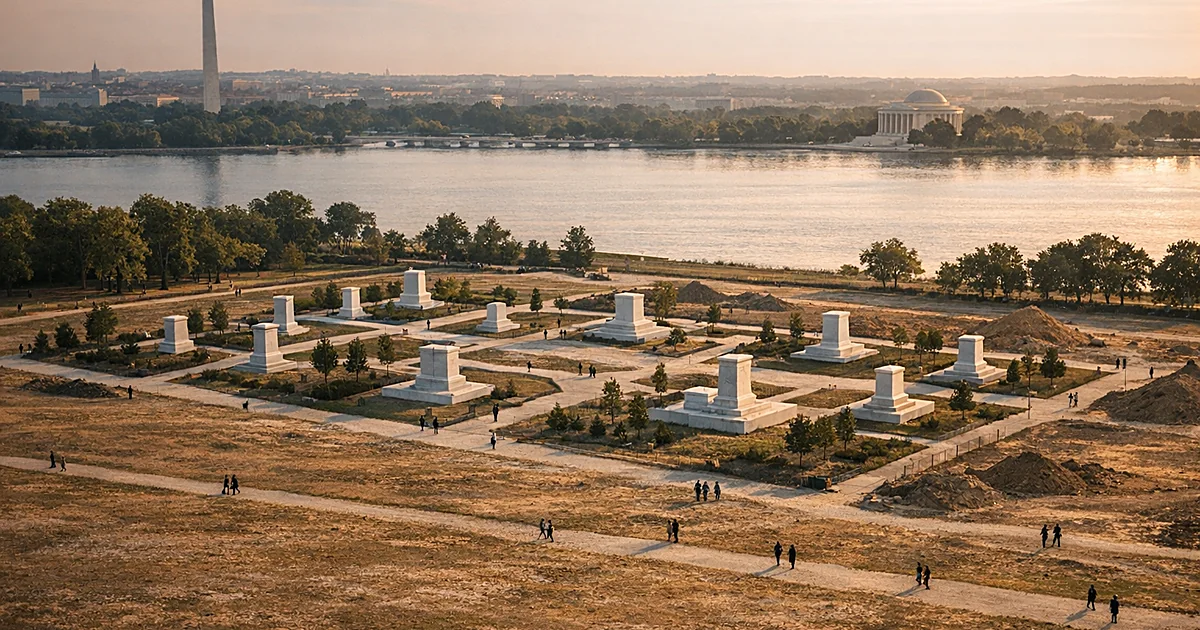 Aerial view of empty statue pedestals arranged in a riverside park with walking paths and newly planted trees