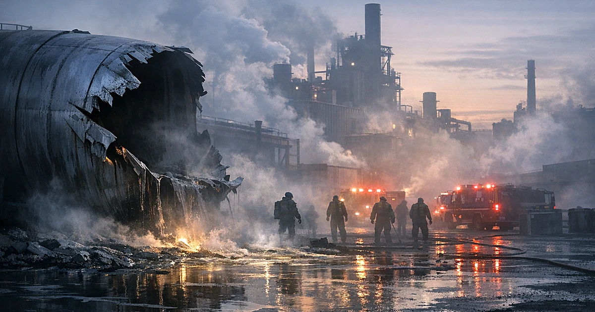 Ruptured industrial chemical tank with emergency responders in hazmat suits working amid chemical spill at paper mill