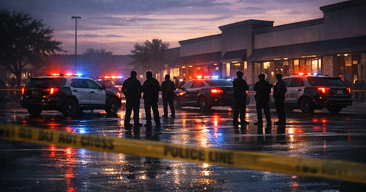 Police vehicles with emergency lights illuminate a cordoned strip mall parking lot at dusk with officer silhouettes