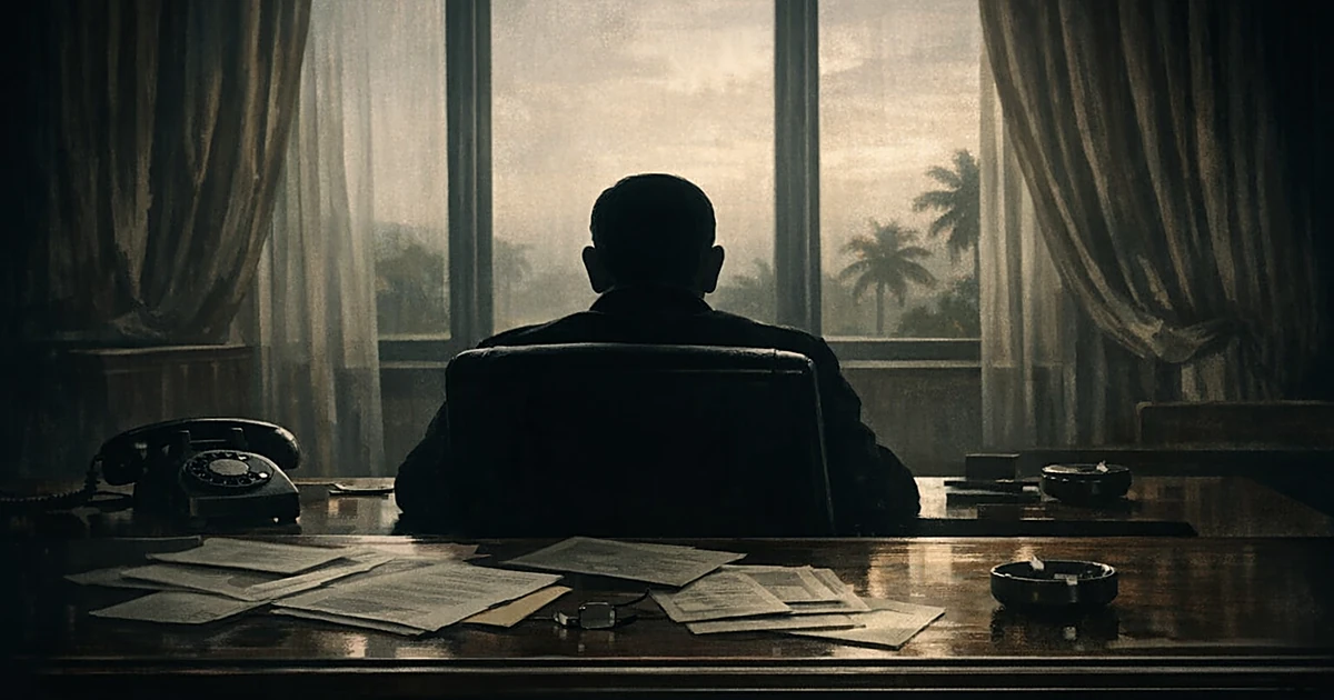 Silhouetted figure at desk in shadowy office with documents and telephone, facing windows with tropical sky