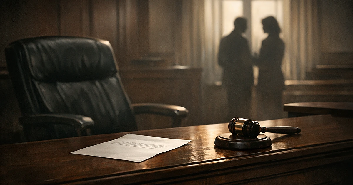 Empty judge's bench with resignation letter and gavel, two shadowy figures visible in background of darkened courtroom