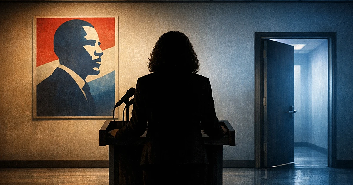 Silhouetted figure at podium with campaign poster on wall, viewed from behind in divided lighting