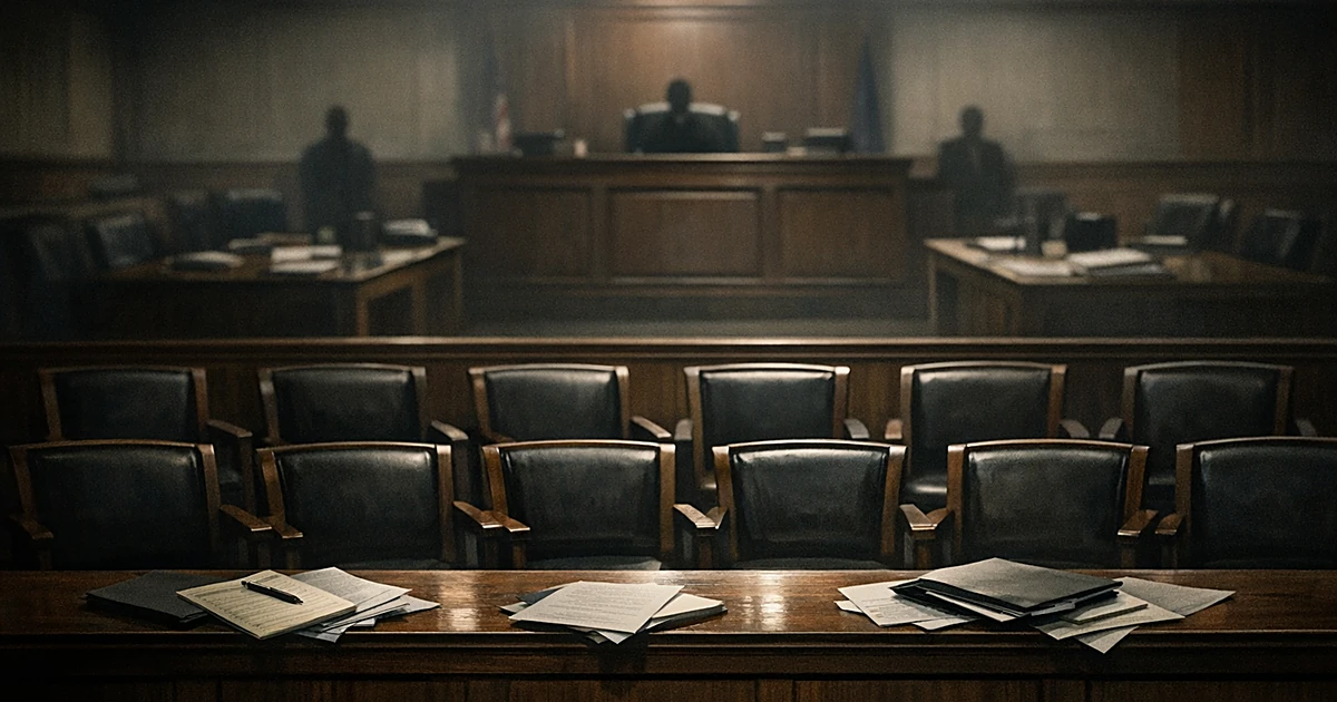 Empty jury box chairs in a courtroom with judge's bench in background, papers scattered on railing