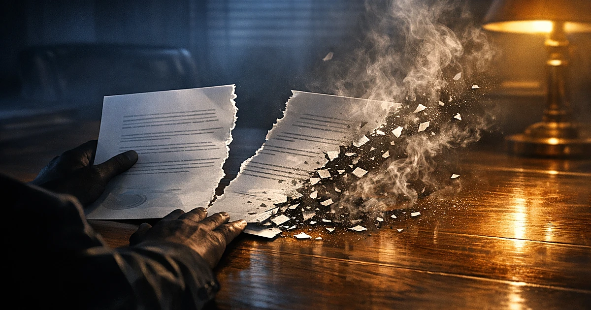 A torn official document dissolving into fragments on a table as silhouetted hands push it away in dramatic lighting