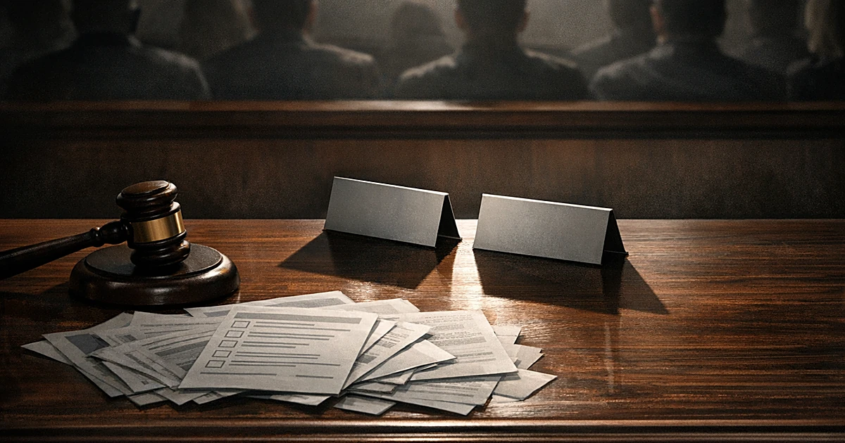 Judge's gavel and legal documents on courtroom bench with two identical name placards casting shadows
