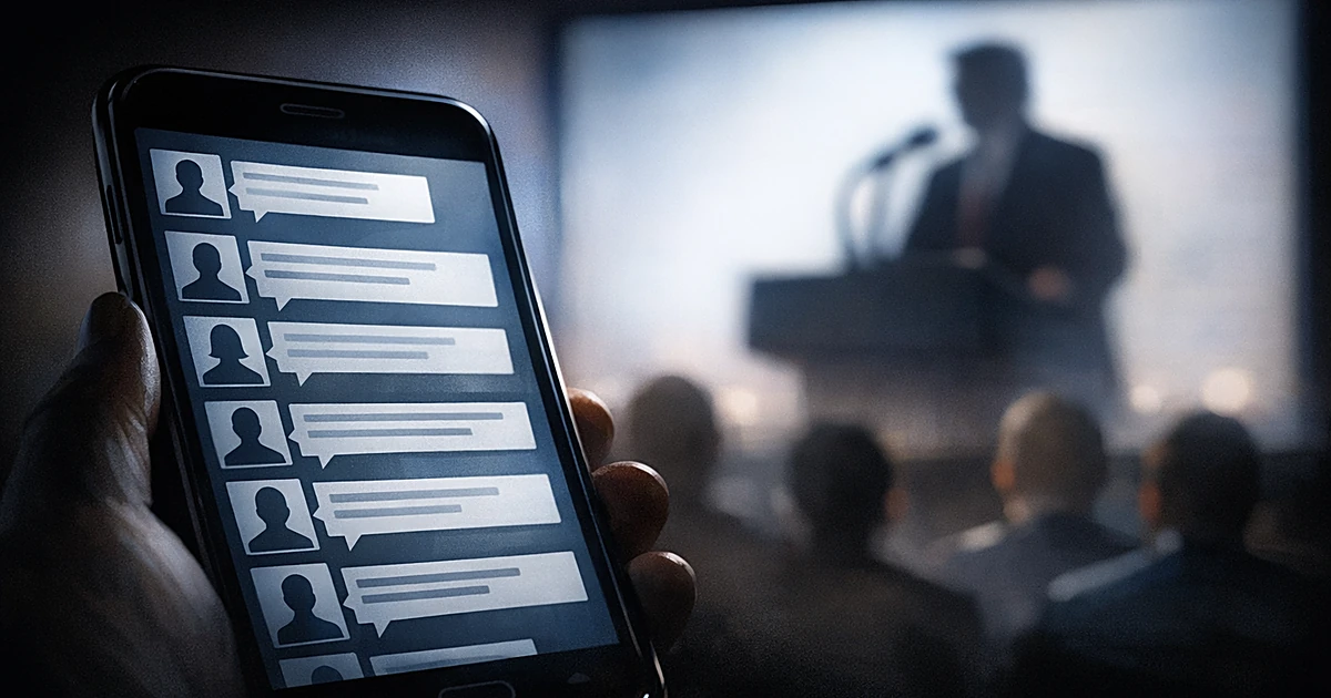 Smartphone showing social media comments in foreground with blurred TV broadcast of press conference in background