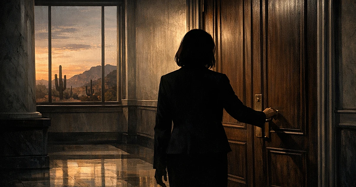 Silhouetted figure entering grand jury room door in courthouse hallway with Arizona desert visible through window